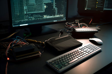 Monitor with programs or code, keyboard, mouse and devices with wires on table create atmosphere of workflow. Concept of informatics and technology in education and business. Generative AIの素材