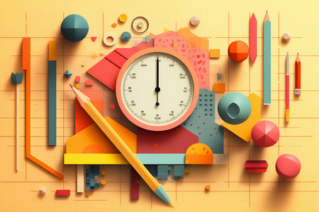 Back to school. School supplies and geometric shapes on yellow background in paper style. Generative AIの素材