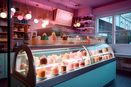 Beautiful showcase with fresh delicious variety of ice cream and sweets in the shop. Sweet Dreams. Generative AIの素材