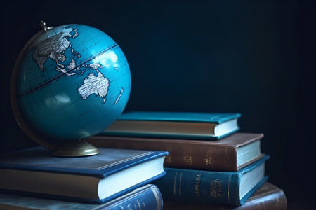 Globe and books on dark background. Education concept. Studying maps and using geographic tools. Innovative educational materials. Tourism and travelの素材