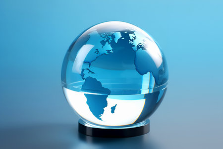 Transparent glass globe on stand on blue background. Education concept. Studying maps and using geographic tools. Innovative educational materials. Tourism and travelの素材