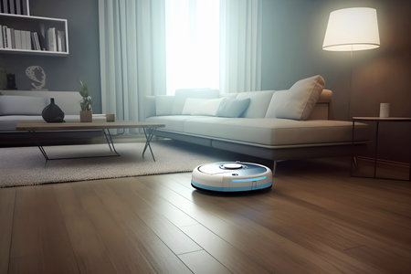White round robot vacuum cleaner cleans room in house. Technology development. The concept of artificial intelligence for production process automationの素材