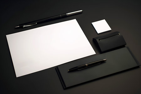 Mockup of white papers on black table. Templates for your businessの素材