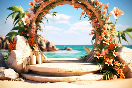 Round podium for your products with an arch of flowers and candles against sky and sea. Summer, sun, joy. Marketing and advertisingの素材