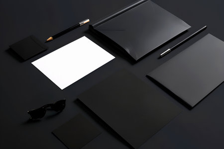 Mockup of white and black papers on dark table. Pens, envelopes, sheets. Templates for your businessの素材