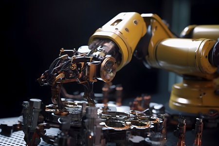Hand of yellow industrial robot performs work with metal parts. Modern production processes
