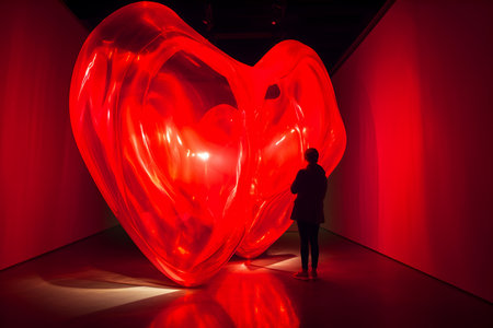Girl stands in front of two fused big red hearts in dark room. Valentines Dayの写真素材