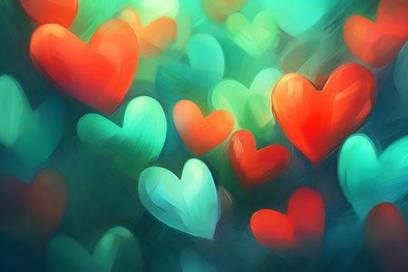 Romantic red and green background with hearts. Valentines Day