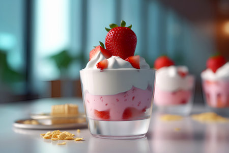 Delicious yogurt with fresh red strawberries and muesli in glass on table. Healthy breakfastの写真素材