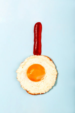 Fresh delicious fried egg in form of Christmas decoration. White circle with yellow core and red ketchup ribbonの写真素材