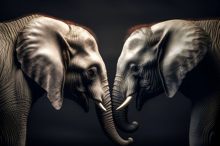 Two similar elephants bowed their heads to each other. Election. Racing concept. One party, two candidatesの写真素材