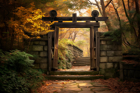 In middle of forest stands an open wooden gate with stairs and stone walls. Path into unknown that connects past and futureの写真素材