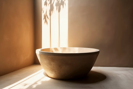 In cozy corner, sunlight floods one wall, casting shadows from plant. In middle of this play of light stands large empty ceramic bowl. Light beige background with copy space for your ideas and designの写真素材