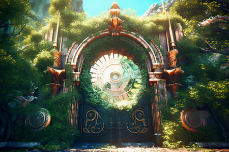 Majestic time gate with portal in picturesque location surrounded by trees and rock. Path into unknown that connects past and futureの写真素材