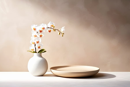 Beautiful blooming orchid in vase next to podium for your ideas. Beige marble background with copy spaceの写真素材