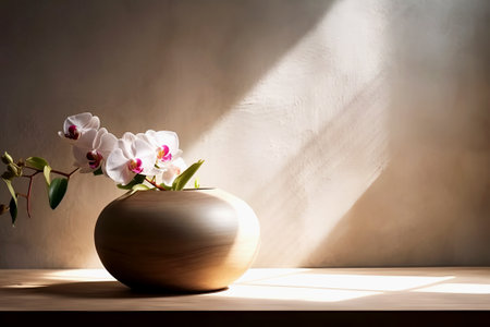 Beautiful blooming orchid in round vase on beige background with copy space