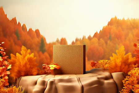 Wooden empty mockup for your products on autumn orange background with trees and yellow leaves. Marketing and advertisingの素材