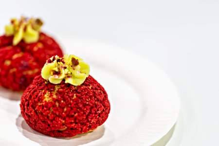 Exclusive red shu desserts with nut sprinkles and cream decoration in form of leaves on white plate...
