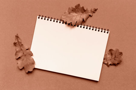 White sheet of paper and fallen autumn oak leaves on Mocha brown background. Notebook for notes. Demonstrating color of 2025 yearの写真素材