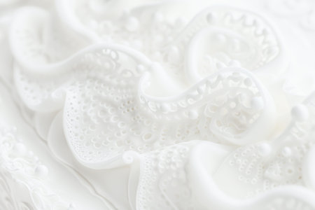 White blurred background. Intricate white cake decorations featuring lace-like patterns and pearl-like beads for weddings or special celebrations. Selective focus, defocusの素材