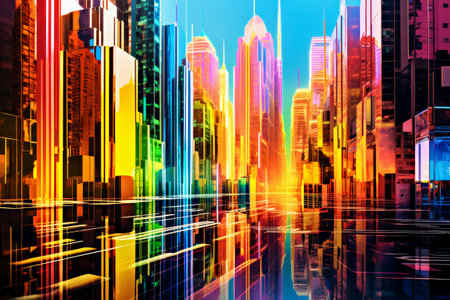 Rainbow background. Vibrant cityscape showcasing mirrored skyscrapers reflecting bright neon hues, conveying futurism, urban innovation, and digital aesthetics with sense of vitality and modern designの素材