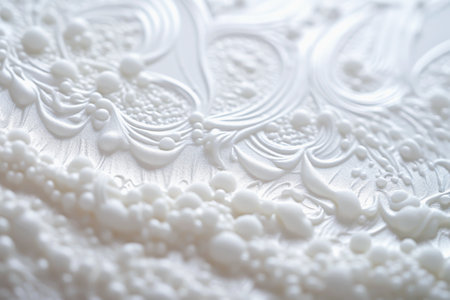 Close-up of textured surface featuring swirls and bubble shapes in a white hue. The abstract composition offers a sense of creativity and elegance. Ideal for background or design useの素材