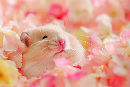 Charming cream-colored hamster snuggled amidst vibrant pink and peach blossoms, displaying calm and endearing demeanor. Warmth, joy and closeness to natureの素材