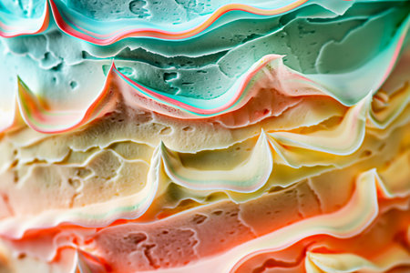 Rainbow cream background. Vibrant whipped cream with multicolored swirls in close-up. Perfect for dessert themes, creative backgrounds and colorful food concepts. Concept sweetness and playful designの素材