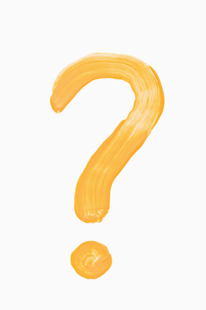Creative yellow brushstroke forming question mark on clean white background. Bold and artistic brushstroke design for creative concepts, problem-solving visuals or innovative projectsの写真素材