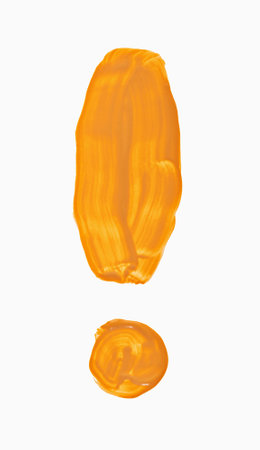 Abstract exclamation mark painted with thick yellow strokes on white background. Symbol of attention, importance, urgency and emphasis. Concept of alert, warning, excitement and strong emotionsの写真素材