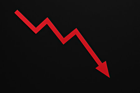 Red zigzag arrow pointing down on black background, symbolizing economic decline, market crash or financial loss. Ideal for illustrating crisis or bearish trends. Red downward arrow on blackの素材