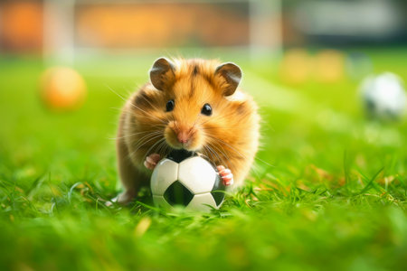 Hamster holding football during practice on green field, staying focused and active. Concept of football training, healthy movement and sports discipline. Hamster holding football on green fieldの素材
