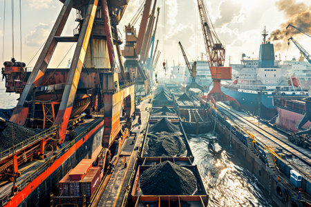 Ship cranes towering over cargo barges loading coal onto massive bulker. Industrial port scene featuring large cargo ships and towering cranes actively loading black coal onto vessels at sunsetの素材
