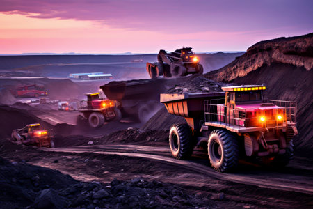 Expansive coal mining landscape during dawn, heavy machinery extracting coal from earth. Heavy mining trucks are actively transporting materials in rugged landscape at sunset, machinery's powerの素材