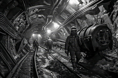 Miners are navigating through dimly lit underground tunnel, surrounded by machinery and cables. Intense coal mining operation underground, miners covered in coal dust, dimly lit tunnels, machineryの素材