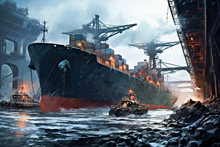 Cargo ship loaded with containers is navigating through an industrial harbor, surrounded by cranes and tugboats, under stormy weather conditions, creating dramatic maritime sceneの素材