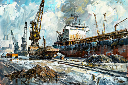 Industrial shipyard scene featuring large cranes and cargo vessels docked, surrounded by piles of materials and machinery. Loading coal from cargo barges onto bulk carrier using ship cranes and grabsの素材