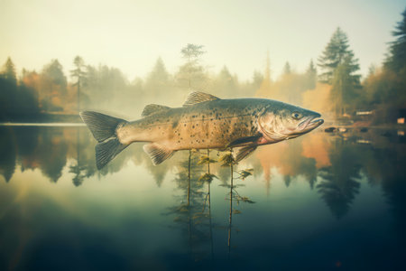 Double exposure. Fish is depicted swimming above tranquil lake, surrounded by trees that reflect beautifully in calm water, creating dreamlike atmosphere of nature and serenityの素材