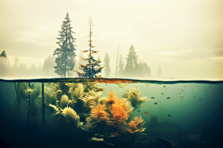 Double exposure. This double exposure image captures stunning underwater scene filled with vibrant foliage, seamlessly blending with tranquil forest above, creating harmonious visual experienceの素材