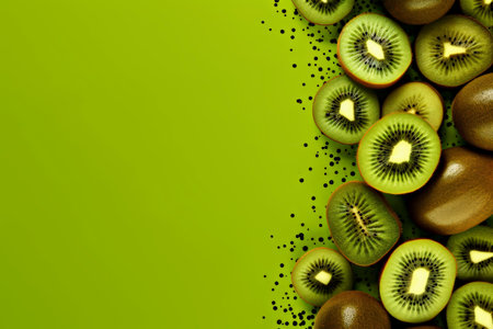 Background with copy space. Collection of fresh kiwi fruits is beautifully arranged on bright green background, providing ample copy space for text and showcasing vibrant colors and texturesの素材