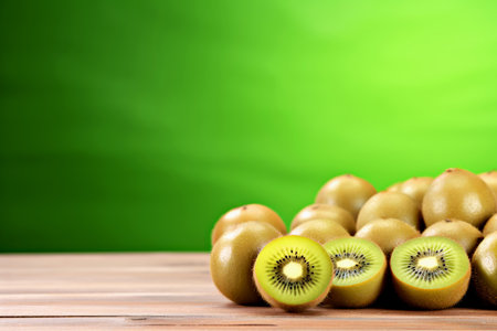 Background with copy space. Fresh kiwi fruits are beautifully arranged on wooden table, showcasing their vibrant green flesh against smooth green background with ample copy space for textの素材