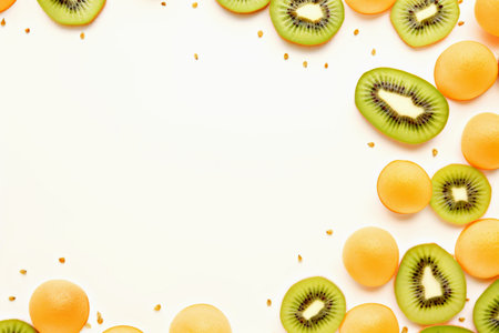 Background with copy space. Vibrant kiwi and orange slices are artistically arranged on light background, creating visually appealing scene with ample copy space for text or design elementsの素材