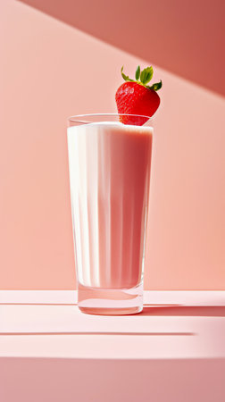 Tall glass filled with creamy strawberry smoothie, garnished with fresh strawberry, sits on pink surface, illuminated soft natural light creating vibrant and inviting atmosphere. Strawberry Smoothieの素材