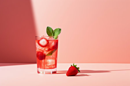 Refreshing summer cocktail or mocktail served in clear glass filled with ice, garnished with mint leaves and strawberries, set against soft pink background, creating vibrant and inviting atmosphereの素材