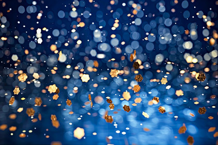 Festive background. Golden flower petals gracefully fall through air, creating mesmerizing scene against blue background filled with sparkling bokeh lights, enhancing enchanting atmosphere. Christmasの素材