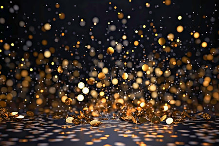 Festive background. Golden confetti particles are cascading down against dark backdrop, creating vibrant and festive ambiance, with shimmering reflections enhancing celebratory mood. Christmasの素材