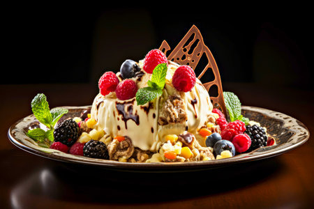 Ice cream. Dessert presented on an elegant plate, showcasing creamy ice cream adorned with vibrant fresh berries, chocolate garnish, and mint leaves, creating visually appealing culinary masterpieceの素材