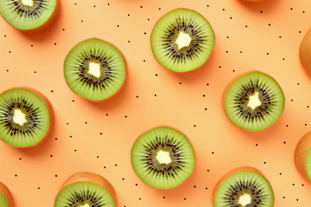 Background with copy space. Freshly sliced kiwi fruit is beautifully arranged on bright peach background, providing ample copy space for design elements and text enhancing visual appeal and creativityの素材