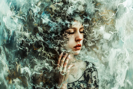 Ethereal woman with curly hair is immersed in dreamlike atmosphere, surrounded by abstract swirls and textures, creating sense of mystery and emotional depth in compositionの素材