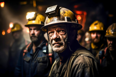 Miner wearing helmet and headlamp is staring intensely in dark underground setting, surrounded fellow miners. Intense coal mining operation underground, miners covered in coal dust, dimly lit tunnelsの素材